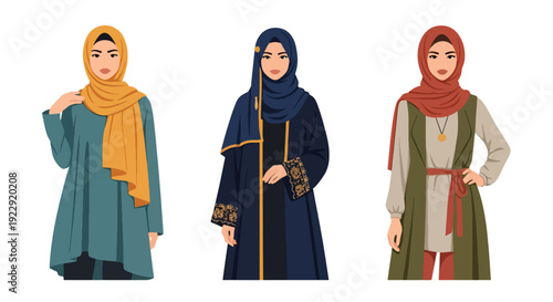 Set of 3 vector collections of young Muslim women wearing colorful hijab and modest fashion style, isolated on white background, modern Islamic female portrait illustration set for ramadan kareem 