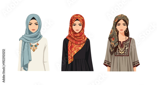 Set of 3 vector collections of young Muslim women wearing colorful hijab and modest fashion style, isolated on white background, modern Islamic female portrait illustration set for ramadan kareem 