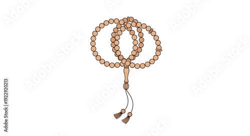 A strand of traditional prayer beads with small round beads and decorative tassels is shown in a colored illustration.