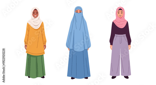 Set of 3 vector collections of Muslim women wearing modest hijab in modern Islamic fashion, isolated on white background, cultural diversity female illustration set for ramadan kareem and eid mubarak 