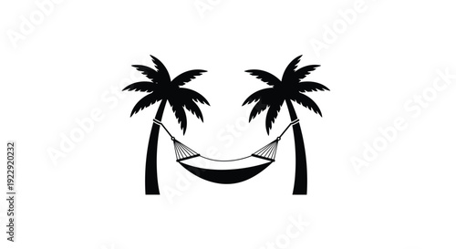 A comfortable hammock is suspended between two palm trees on a tropical beach in a bold black silhouette illustration.