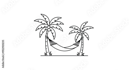 A comfortable hammock is suspended between two palm trees on a tropical beach in a simple line art illustration.