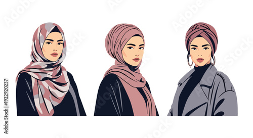 Set of 3 vector collections of young Muslim women wearing colorful hijab and modest fashion style, isolated on white background, modern Islamic female portrait illustration set for ramadan kareem 