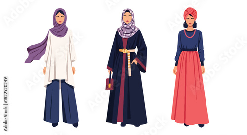 Set of 3 vector collections of Muslim women wearing modest hijab in modern Islamic fashion, isolated on white background, cultural diversity female illustration set for ramadan kareem and eid mubarak 