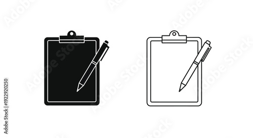 Two clipboards with pens one black one white simple line icons