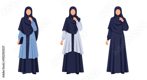 Set of 3 vector collections of Muslim women wearing modest hijab in modern Islamic fashion, isolated on white background, cultural diversity female illustration set for ramadan kareem and eid mubarak 