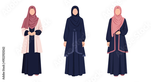 Set of 3 vector collections of Muslim women wearing modest hijab in modern Islamic fashion, isolated on white background, cultural diversity female illustration set for ramadan kareem and eid mubarak 