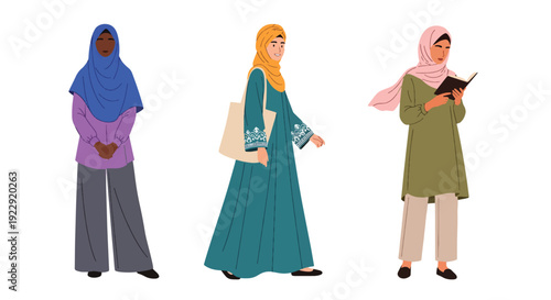 Set of 3 vector collections of Muslim women wearing modest hijab in modern Islamic fashion, isolated on white background, cultural diversity female illustration set for ramadan kareem and eid mubarak 