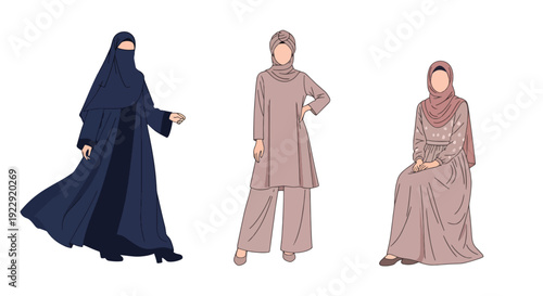 Set of 3 vector collections of Muslim women wearing modest hijab in modern Islamic fashion, isolated on white background, cultural diversity female illustration set for ramadan kareem and eid mubarak 