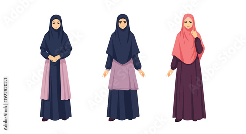 Set of 3 vector collections of Muslim women wearing modest hijab in modern Islamic fashion, isolated on white background, cultural diversity female illustration set for ramadan kareem and eid mubarak 