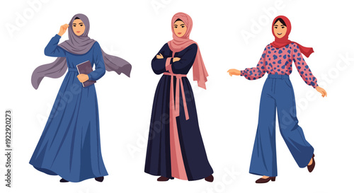 Set of 3 vector collections of Muslim women wearing modest hijab in modern Islamic fashion, isolated on white background, cultural diversity female illustration set for ramadan kareem and eid mubarak 