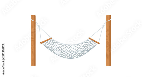 A white net hammock is strung between two sturdy wooden posts in a colorful and inviting outdoor illustration.