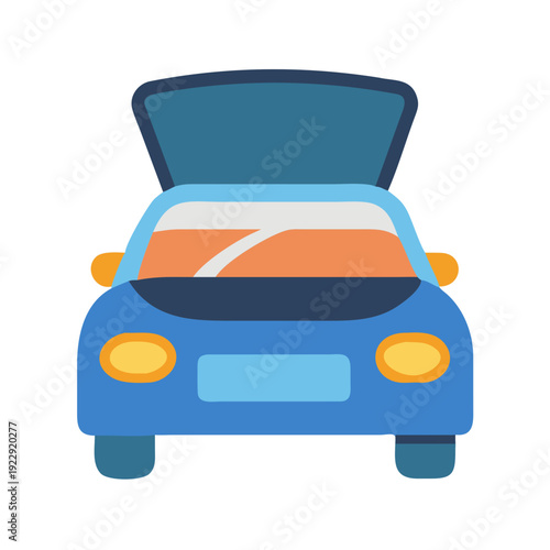 Flat design illustration of a blue car with hood open on black backdrop