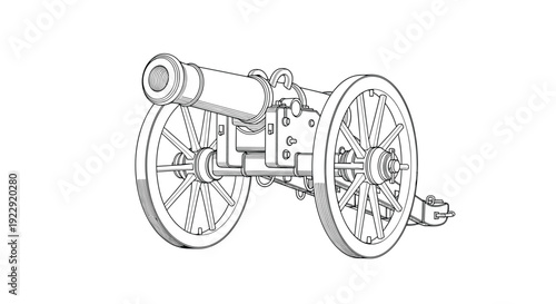 An antique wheeled cannon with a long barrel and large wooden wheels is depicted in a detailed line art illustration.