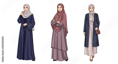 Set of 3 vector collections of Muslim women wearing modest hijab in modern Islamic fashion, isolated on white background, cultural diversity female illustration set for ramadan kareem and eid mubarak 