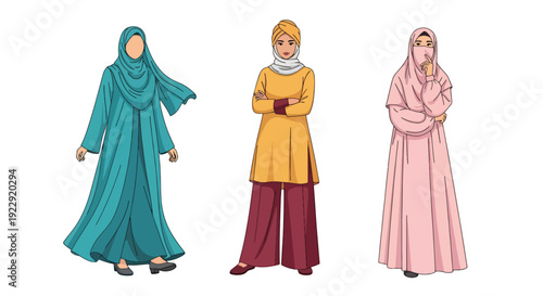 Set of 3 vector collections of Muslim women wearing modest hijab in modern Islamic fashion, isolated on white background, cultural diversity female illustration set for ramadan kareem and eid mubarak 