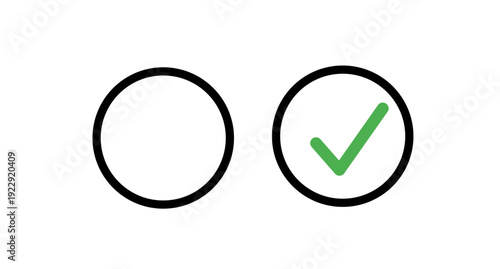 Simple comparison icons showing empty circle and green check mark inside black outline. Vector