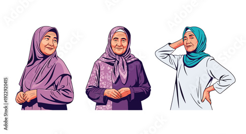 Set of 3 vector collections of elderly Muslim women wearing hijab with different expressions, isolated on white background, senior Islamic female character illustration collection for ramadan kareem