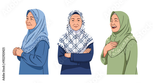 Set of 3 vector collections of elderly Muslim women wearing hijab with different expressions, isolated on white background, senior Islamic female character illustration collection for ramadan kareem