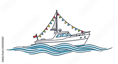 A white recreational boat featuring a grey mast and vibrant triangular flags sails gracefully on blue wavy water.