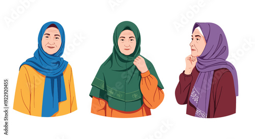 Set of 3 vector collections of elderly Muslim women wearing hijab with different expressions, isolated on white background, senior Islamic female character illustration collection for ramadan kareem