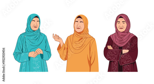 Set of 3 vector collections of elderly Muslim women wearing hijab with different expressions, isolated on white background, senior Islamic female character illustration collection for ramadan kareem