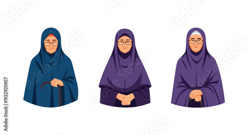 Set of 3 vector collections of elderly Muslim women wearing hijab with different expressions, isolated on white background, senior Islamic female character illustration collection for ramadan kareem
