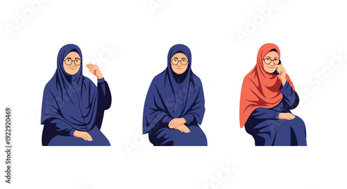 Set of 3 vector collections of elderly Muslim women wearing hijab with different expressions, isolated on white background, senior Islamic female character illustration collection for ramadan kareem