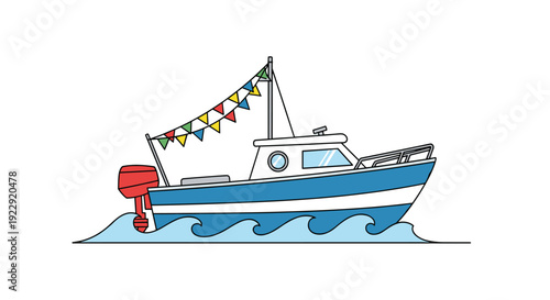 A blue and white recreational boat with an outboard motor and festive colorful flags cruises on the blue ocean waves.