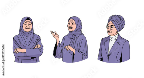 Set of 3 vector collections of elderly Muslim women wearing hijab with different expressions, isolated on white background, senior Islamic female character illustration collection for ramadan kareem