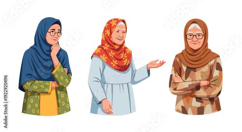 Set of 3 vector collections of elderly Muslim women wearing hijab with different expressions, isolated on white background, senior Islamic female character illustration collection for ramadan kareem
