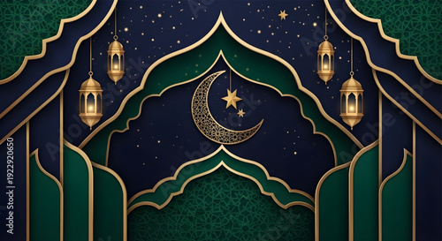 Islamic crescent moon and star lantern background for Ramadan and Eid celebrations, elegant green and gold Islamic motifs and arches