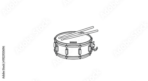 A pair of simple line art drumsticks are positioned on a detailed outline of a snare drum on a white background.