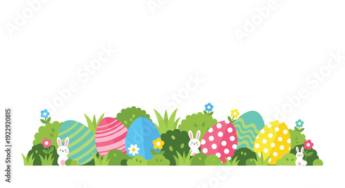 A playful border scene shows colorful decorated Easter eggs and cute bunnies peeking from vibrant green grass with small flowers.