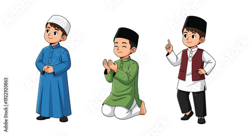 Set of 3 vector collections of Muslim boys wearing traditional Islamic clothing, isolated on white background, cultural children character illustration set for ramadan kareem and eid mubarak
