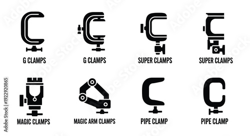 Variety of black clamp icons for different applications and equipment