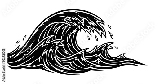Black and white illustration of a large ocean wave.