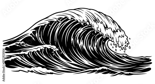 Black and white illustration of a large ocean wave crashing.