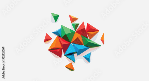 Cluster of colorful geometric paper pyramids in red, orange, green, and blue on a light gray background.