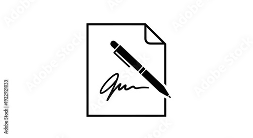 Simple black and white document signature icon with pen.