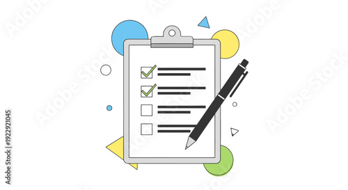 Clipboard with checklist and pen, simple graphic illustration.