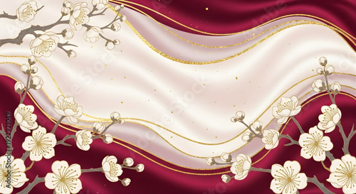 Elegant oriental illustration of white blossoms on a luxurious flowing burgundy and cream background with shimmering gold accents, ideal for sophisticated decorative projects