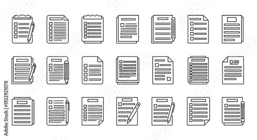 Set of various document icons in simple line art style.