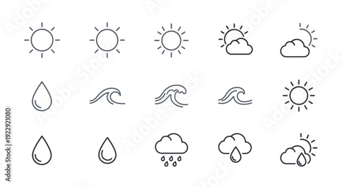 Simple Line Icons Representing Various Weather Conditions and Elements.