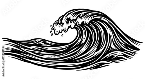 Black and white illustration of a large ocean wave.