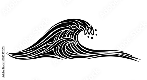 Black and white illustration of a large ocean wave.