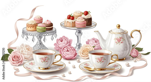 Elegant Tea Party with Delicate Pastries and Floral Accents