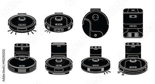 Collection of robot vacuum cleaner top down outlines in black and white