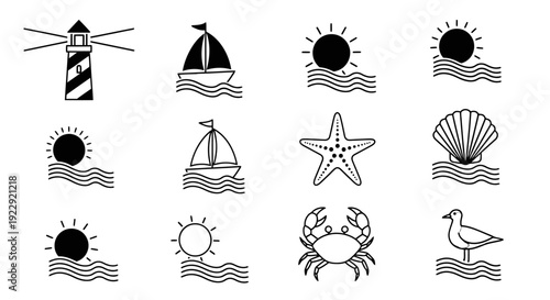 Black and white nautical icons featuring marine life and coastal elements.