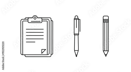 Simple line drawings of office stationery on white background.